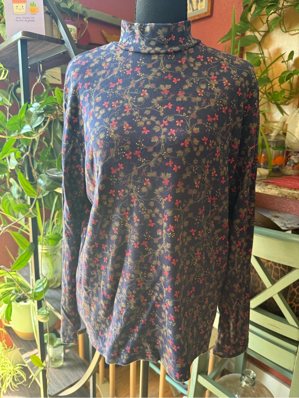 Floral Mock Neck Sweater - Navy with Pink Accents